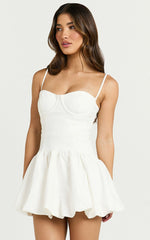 Kacey Mini Dress - Textured Drop Waist Bubble Hem Dress in Off White