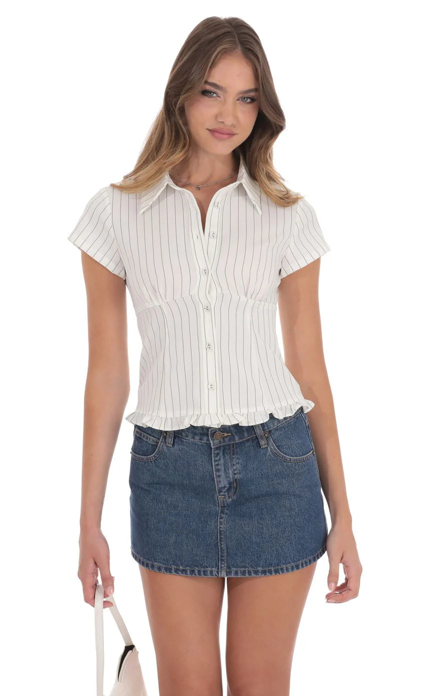 Button-Up Ruffle Top in White Stripes