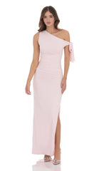 Off Shoulder Tie Strap Maxi Dress in Pink