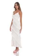 Ruffle V-Neck Maxi Dress in White
