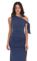 Off Shoulder Tie Strap Maxi Dress in Blue