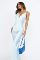 Nights Under Stars Satin Maxi Dress Light Blue