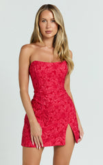 Brailey Mini Dress - Strapless Dress in Red Jacquard