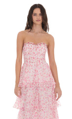 Smocked Floral Ruffle Maxi Dress in Pink