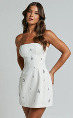 Anziel Mini Dress Strapless Structured Cluster Embellishment Dress in White