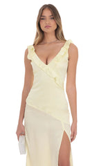 Satin V-Neck Open Back Maxi Dress in Pastel Yellow