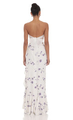Floral Strapless Back Bow Corset Maxi Dress in White