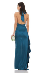 Satin Plunge Neck Halter Maxi Dress in Peacock Blue