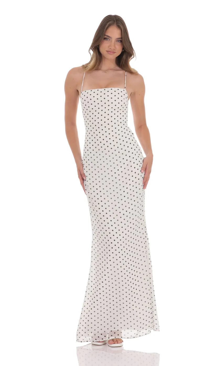 Polka Dot Open Back Maxi Dress in White