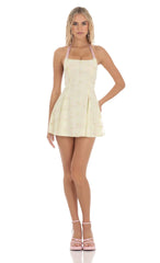 Halter Floral Embroidered Open Back Dress in Yellow